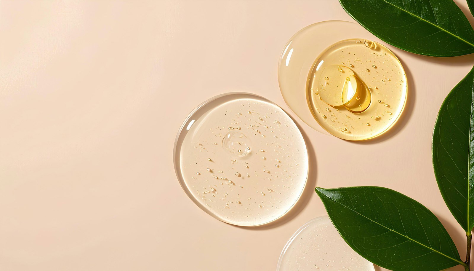 Drops of serum and oil in glass dishes with green leaves