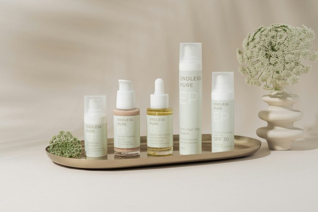 Neutral skincare bottles on a tray with dried flowers