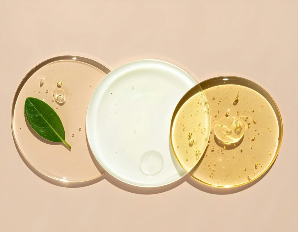 Glass dishes with cream and serum textures on a peach background