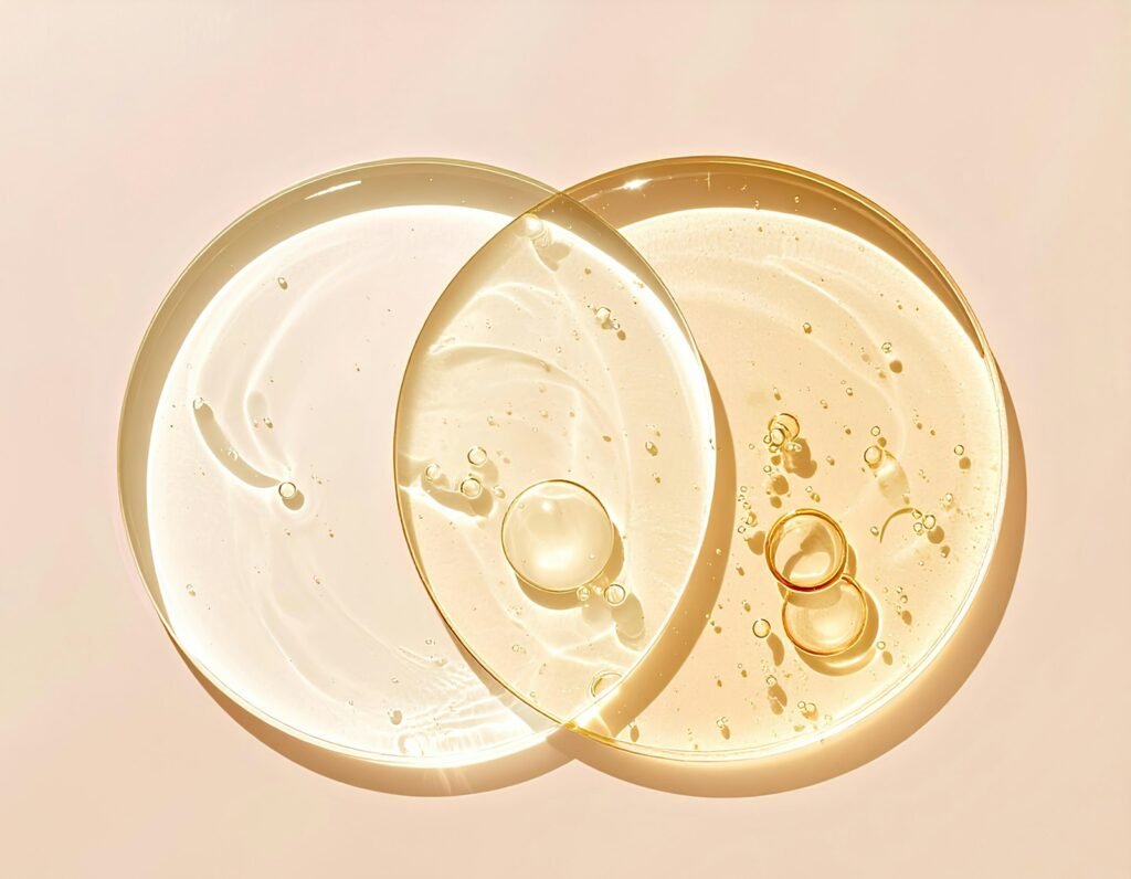 Golden serum drops in overlapping glass dishes